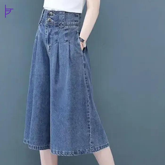 Pantacourt Femme Jean Taille Haute Boho