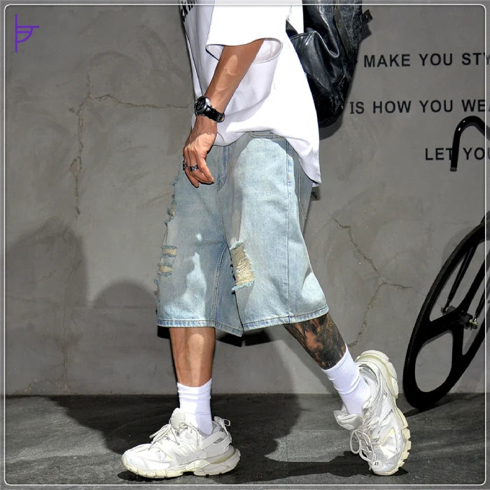 Pantacourt Jean Style Usé Mode Urbaine