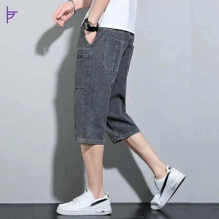 Pantacourt Jeans à Poche Gris Graphite