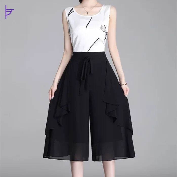 Pantacourt Jupe Large Noir avec Volants