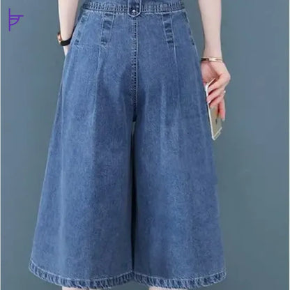 Pantacourt Denim Taille Haute Boho