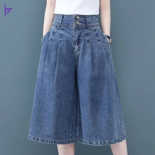 Pantacourt Femme Jean Taille Haute